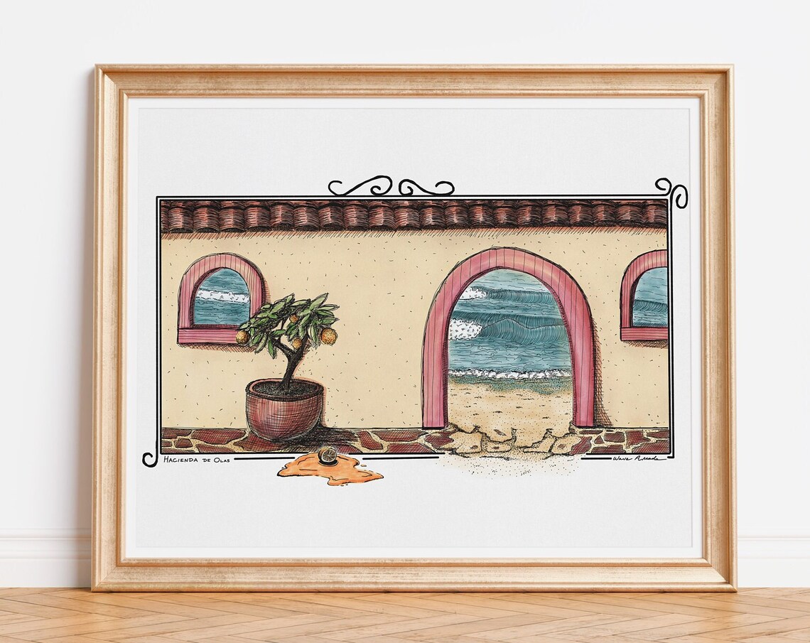 Hacienda de Olas Coastal Hacienda Ocean View Watercolor Surf Poster