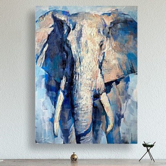 African Elephant Close Up Portrait In Cool Blue Abstract Brushwork Poster