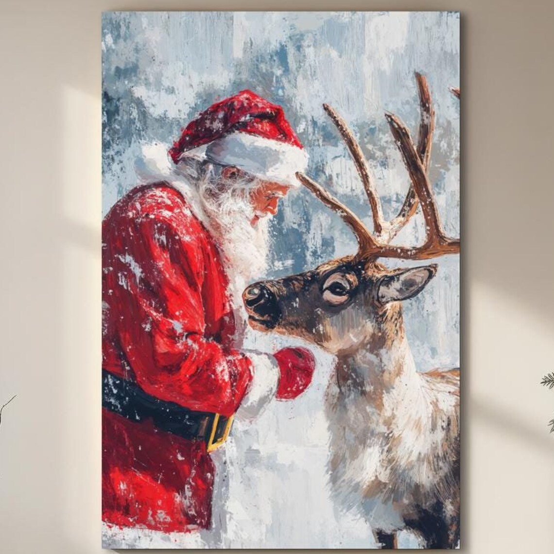 Santa Claus With a Reindeer in the Snow Winter Painting Poster