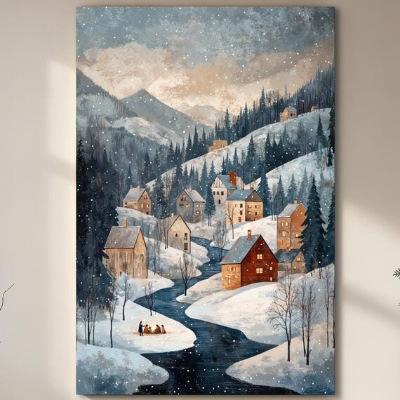 Snowy Mountain Village by River Winter Dusk Landscape Holiday Poster