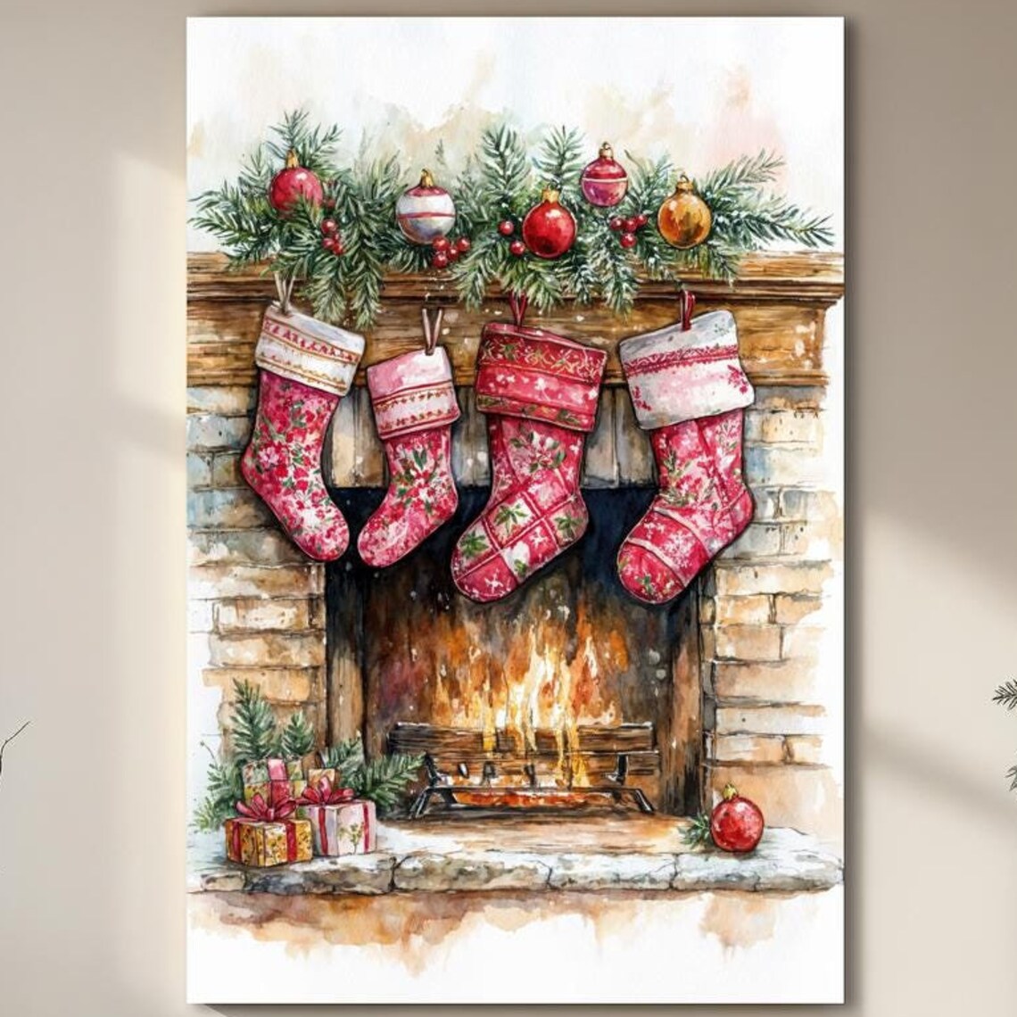 Christmas Stockings Fireplace Watercolor Cozy Holiday Xmas Art Print
