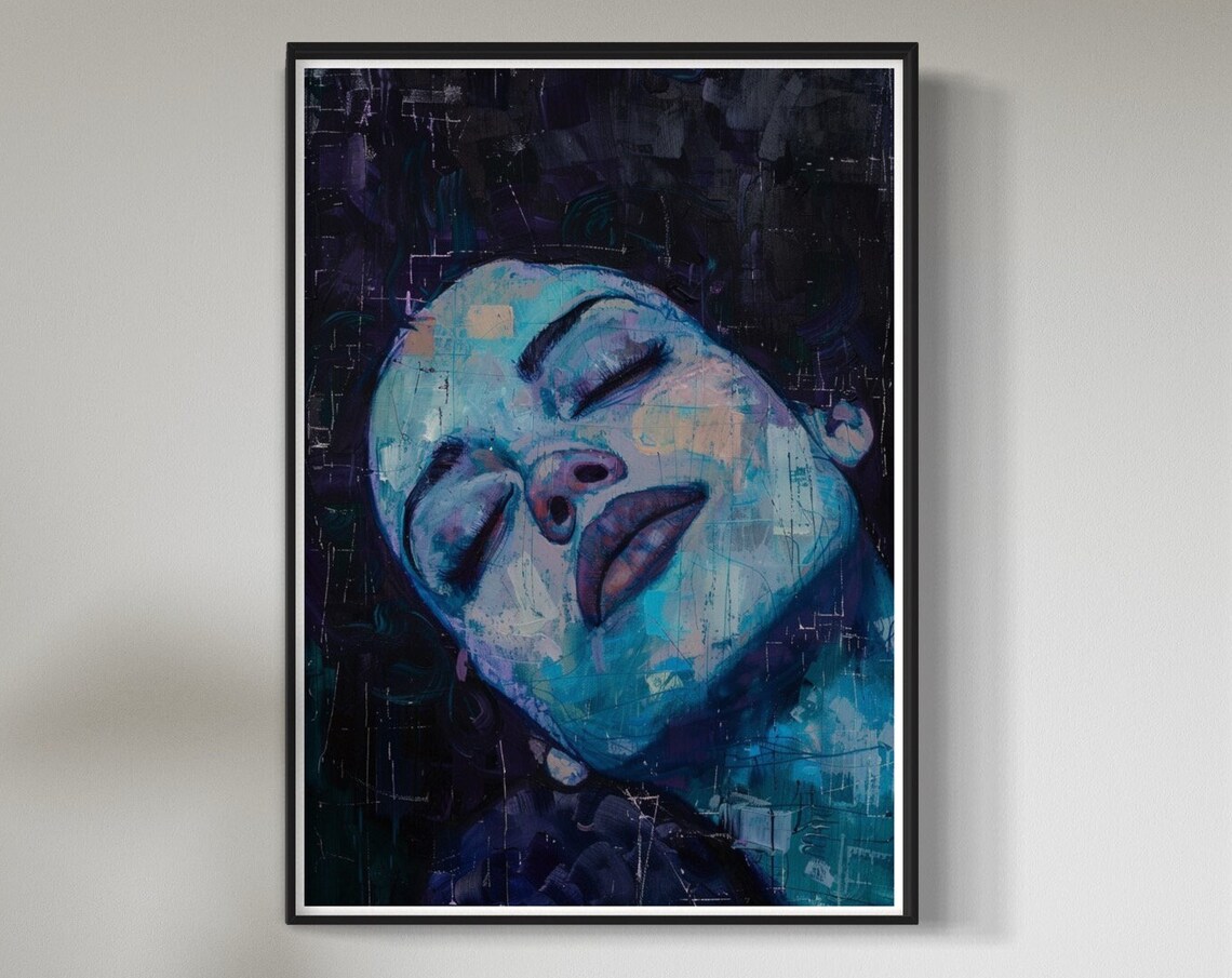 Blue Impasto Woman Portrait Serene Closed Eyes Dramatic Art Print