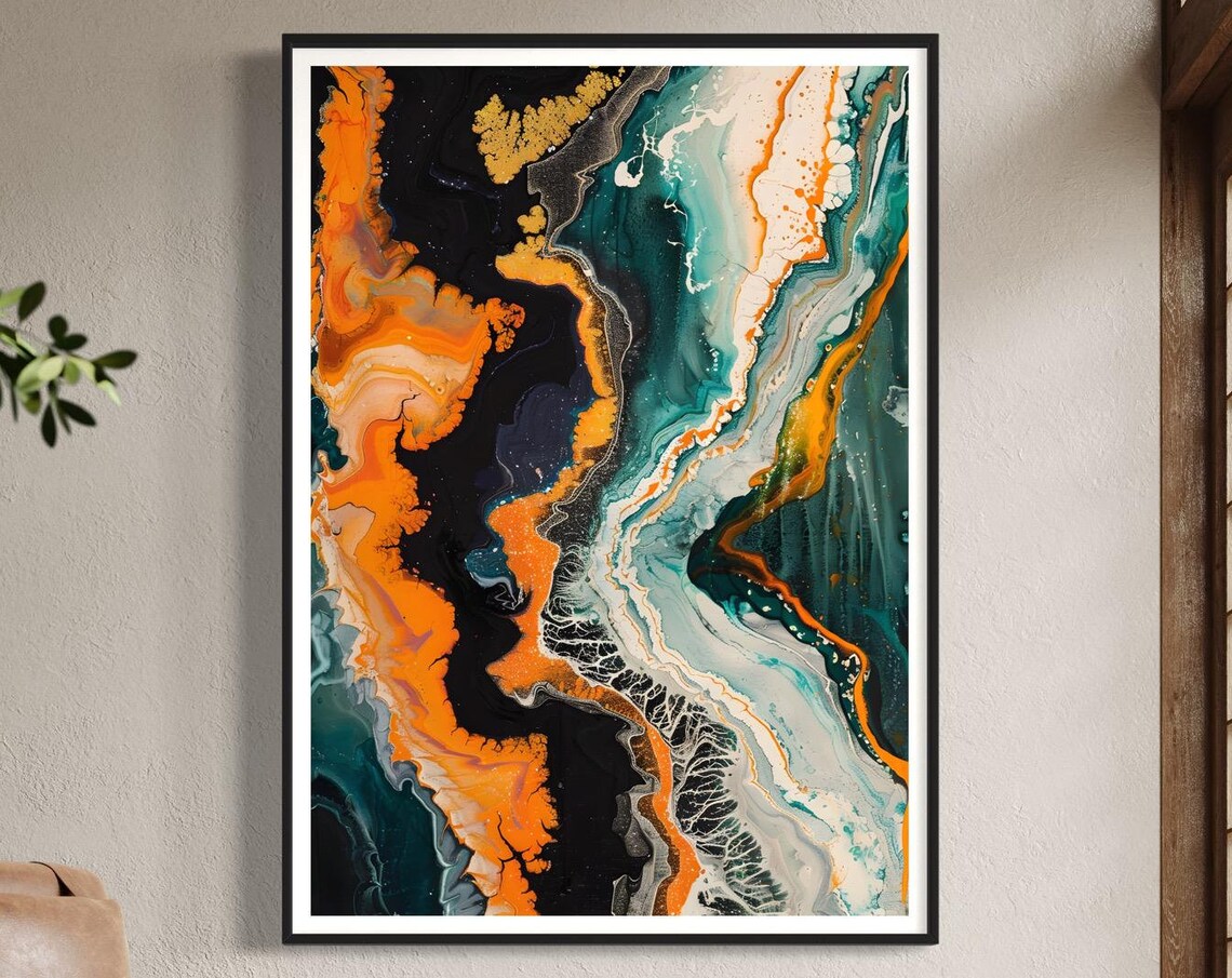 Orange Black Teal Marble Cells Acrylic Pour Fluid Abstract Art Print