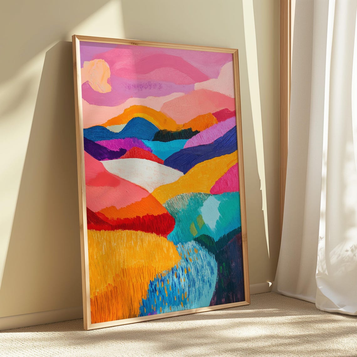 Abstract Colorful Rolling Hills Lake Sunset Landscape Art Print - Image 5
