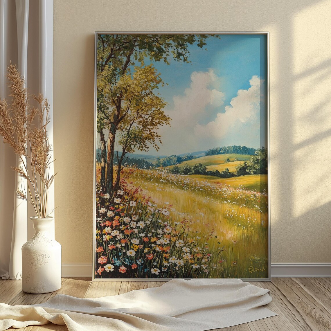 Summer Meadow Wildflower Field Golden Hills Blue Sky Cloud Landscape Poster - Image 2