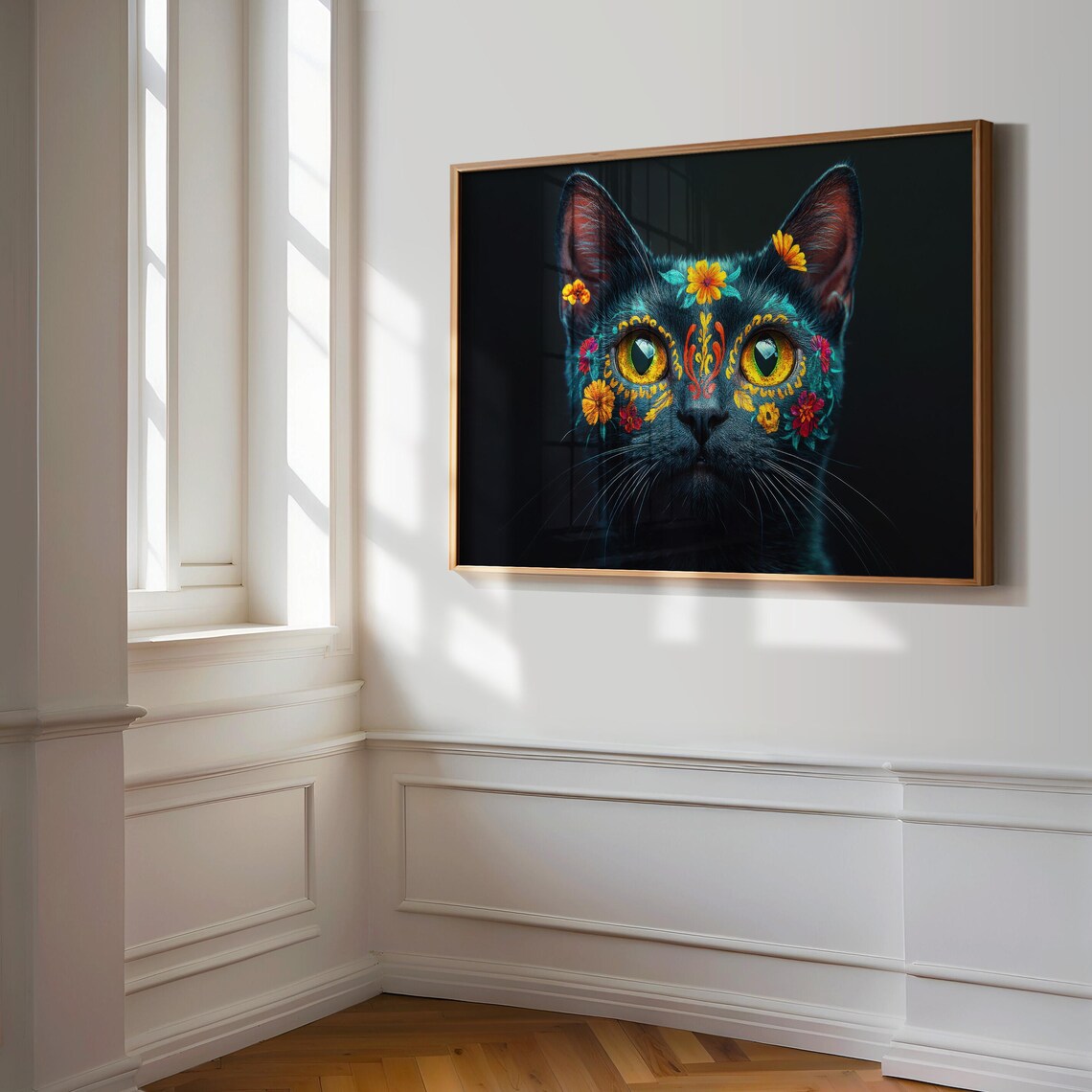 Black Cat Day of the Dead Floral Sugar Skull Yellow Eyes Wall Art - Image 3