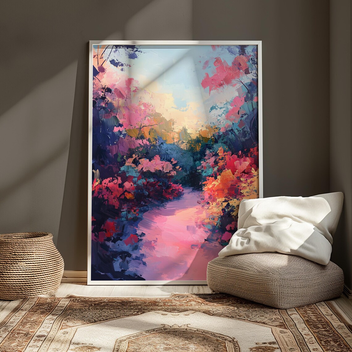 Dreamy Pink Blossom Garden Path Watercolor Impressionist Wall Art Poster - Image 4