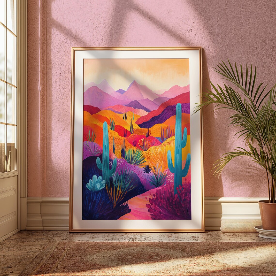Colorful Desert Teal Saguaros Orange Hills Pink Mountain Ranges Warm Sky Poster - Image 2
