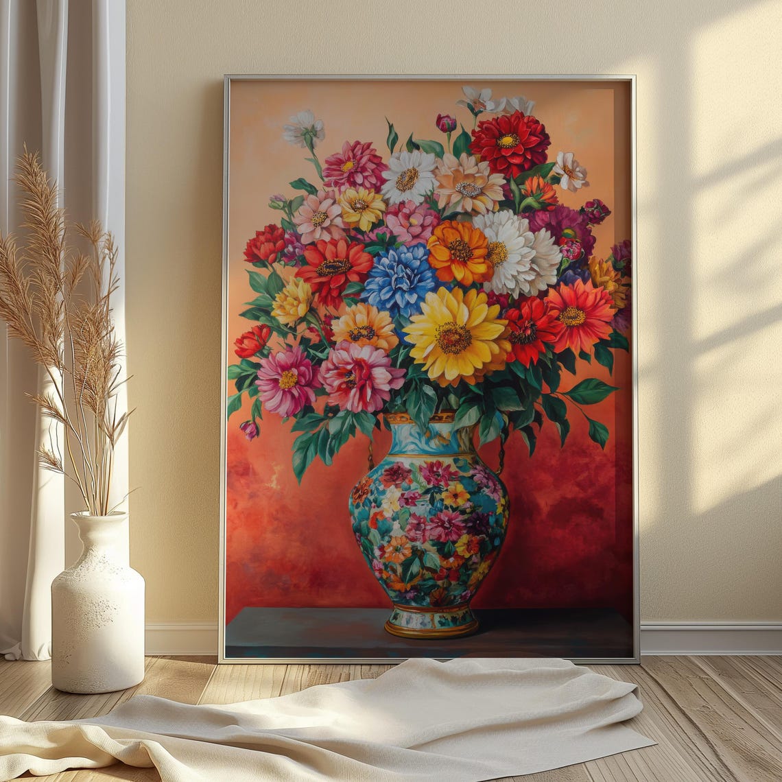 Bright Zinnia Bouquet Rainbow Blooms Painted Floral Vase Coral Poster - Image 3