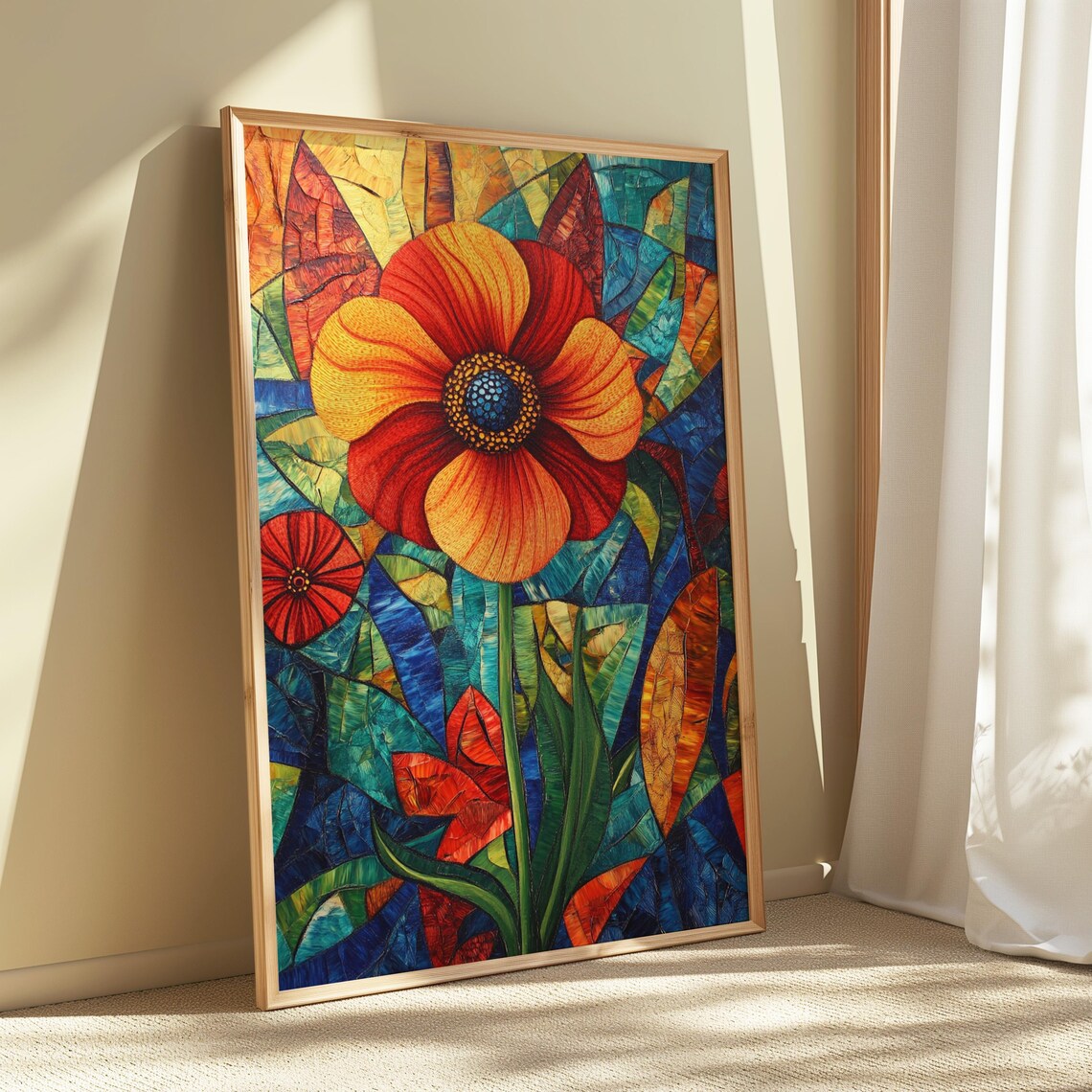 Red Poppy Dotted Center Stained Glass Mosaic Floral Art Poster - Image 5