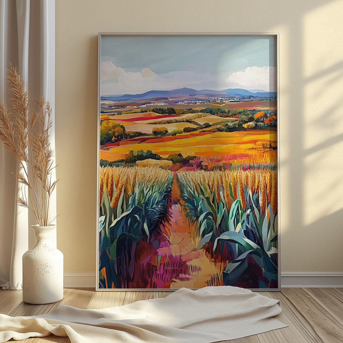 Corn Rows Golden Wheat Fields Rolling Orange Farmland Distant Hills Landscape Poster - Image 4