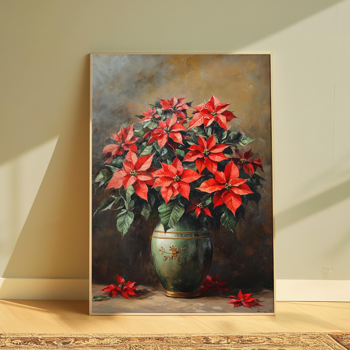 Red Poinsettia Celadon Green Vase Gold Motif Christmas Poster Print