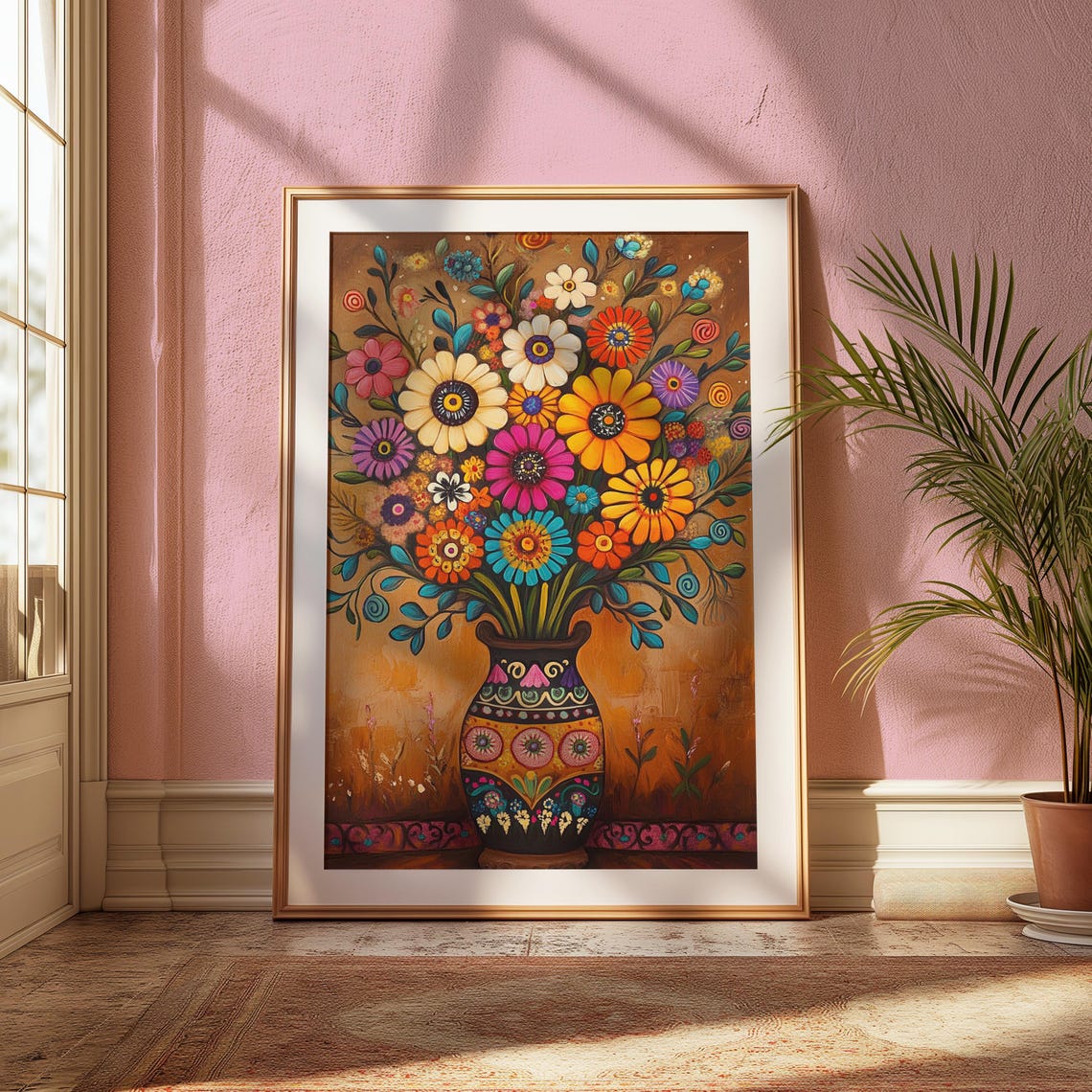 Mexican Folk Art Flower Bouquet Painted Pottery Vase Wall Art Print - Image 3