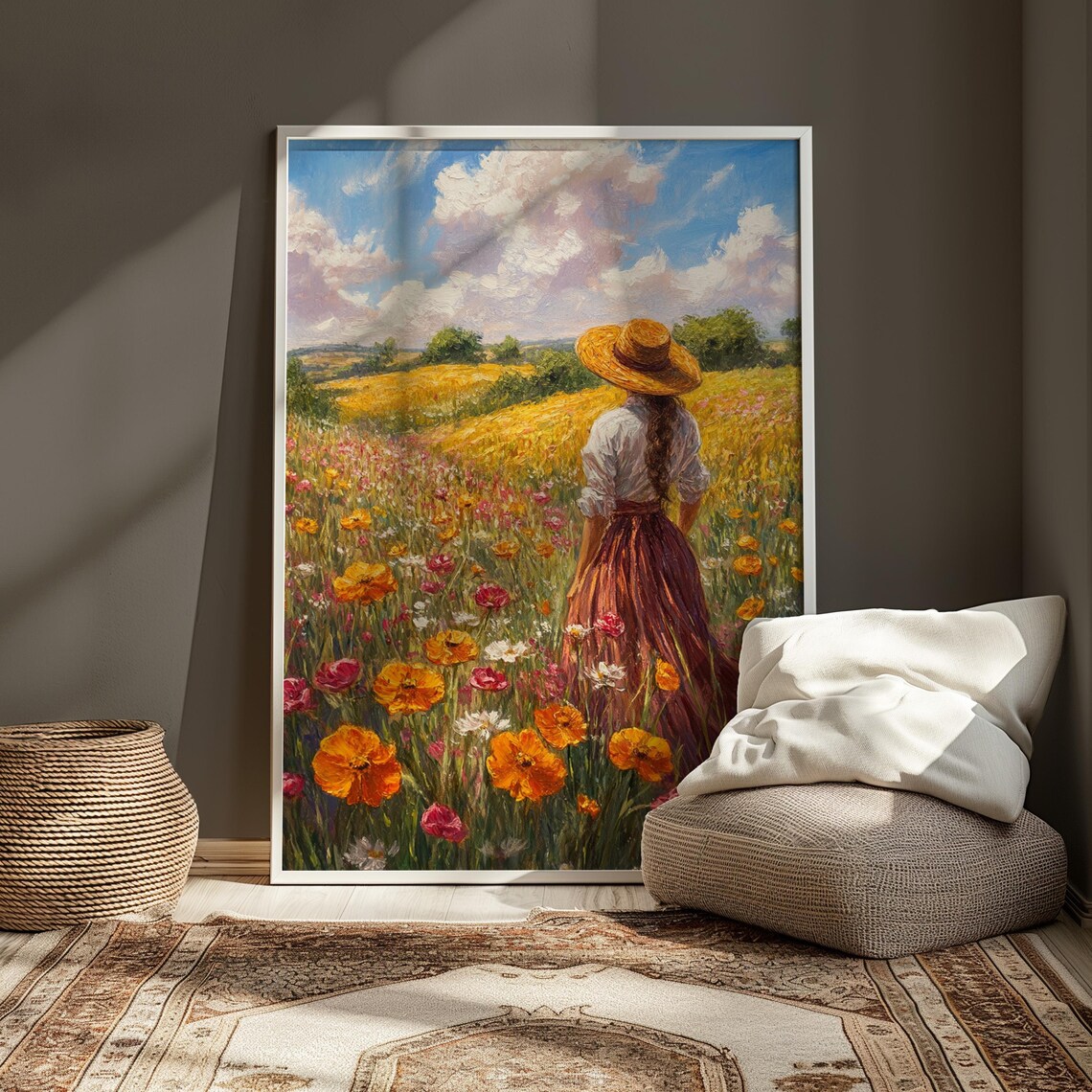Woman Straw Hat Standing in Poppy Field Romantic Impressionist Art Poster - Image 3