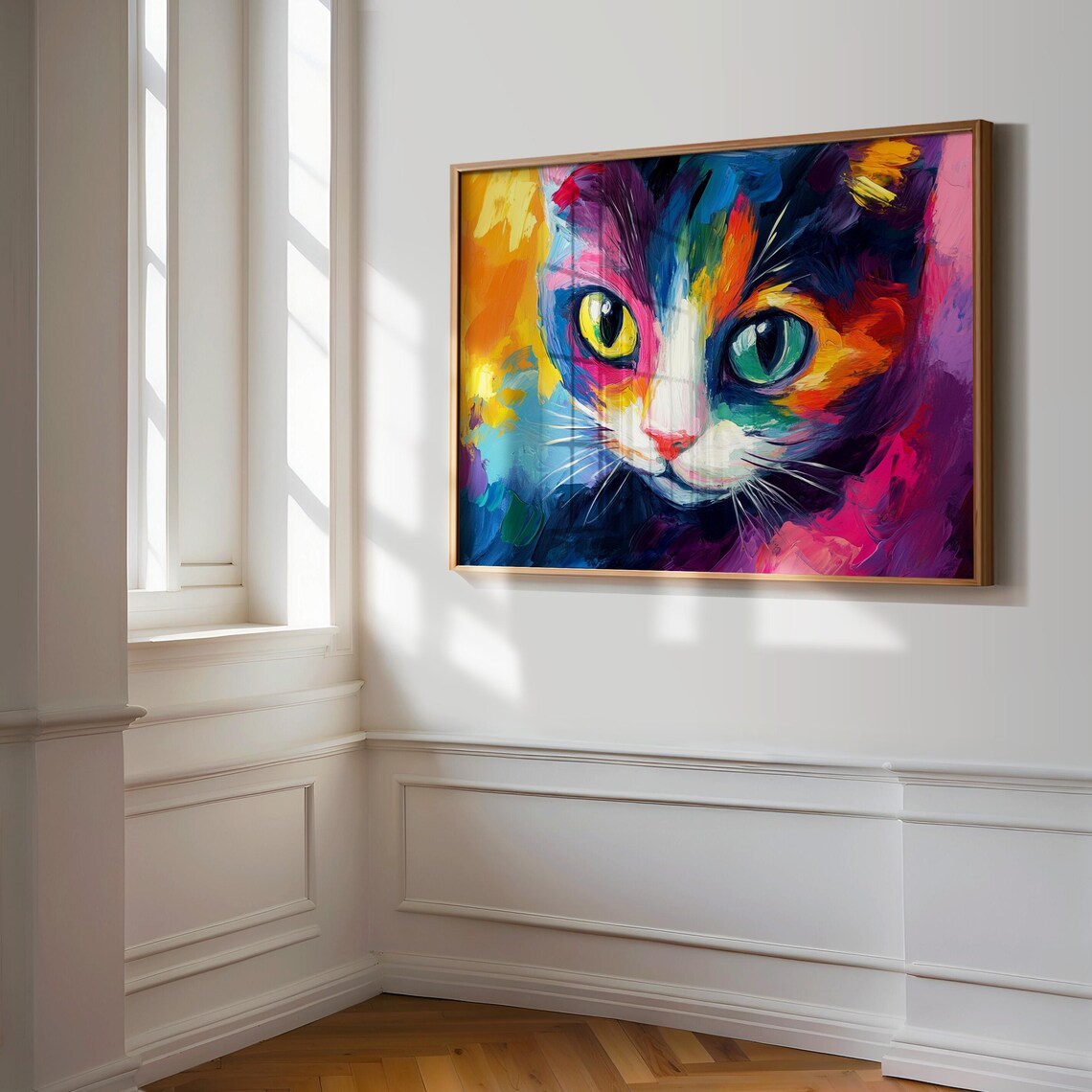 Calico Cat Close Up Mismatched Eyes Rainbow Brushstroke Poster - Image 3