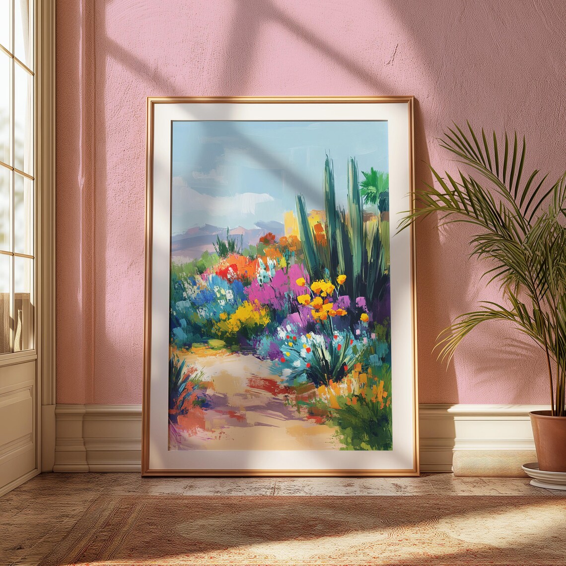 Soft Desert Garden Blooming Bushes Tall Cacti Sandy Path Pastel Landscape Poster - Image 2