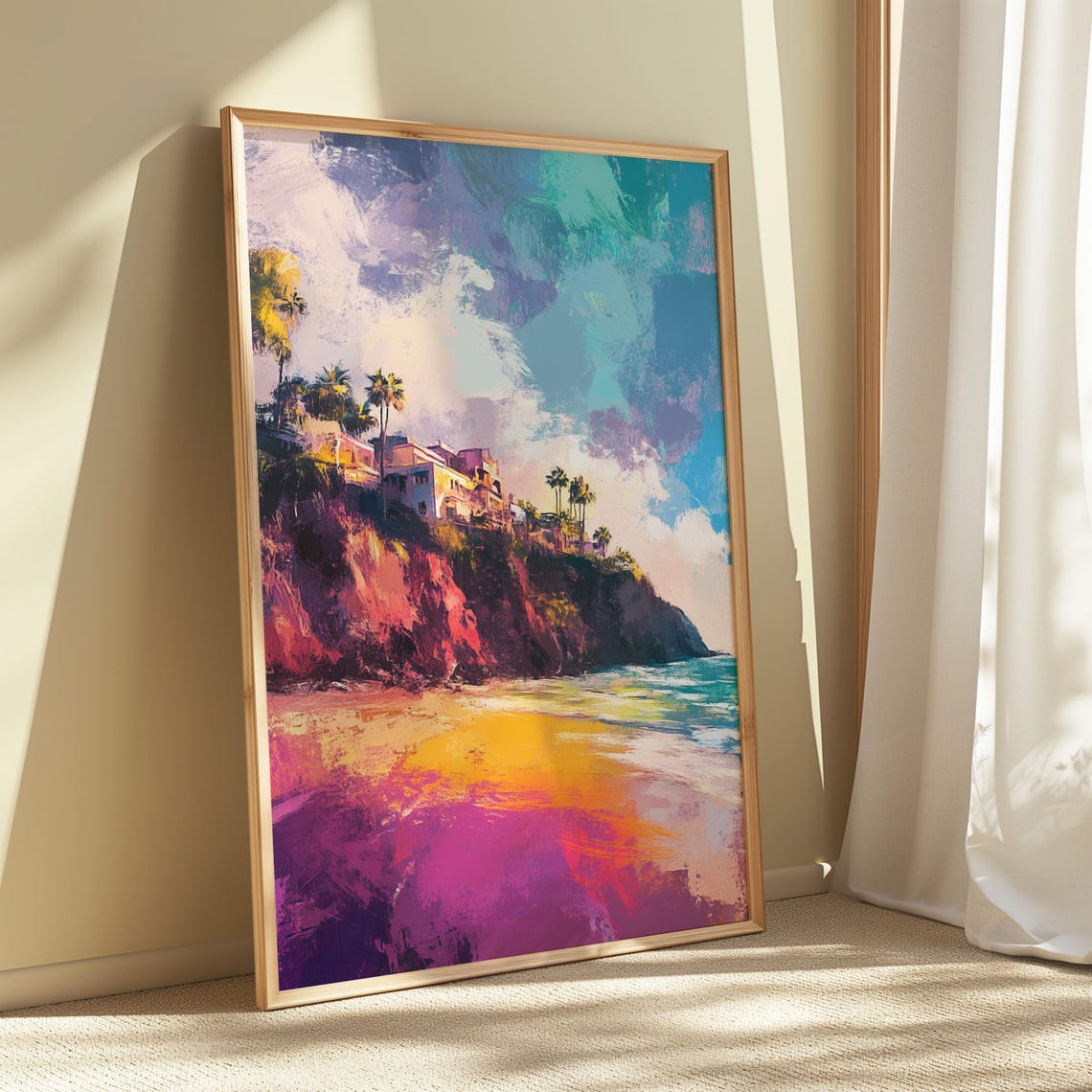 Golden Sunset Beach Red Cliffs Palm Trees Cliff Houses Art Print - Image 5