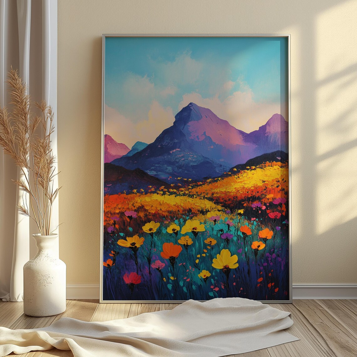 Colorful Wildflower Field Purple Mountain Dusk Turquoise Sky Landscape Poster - Image 4