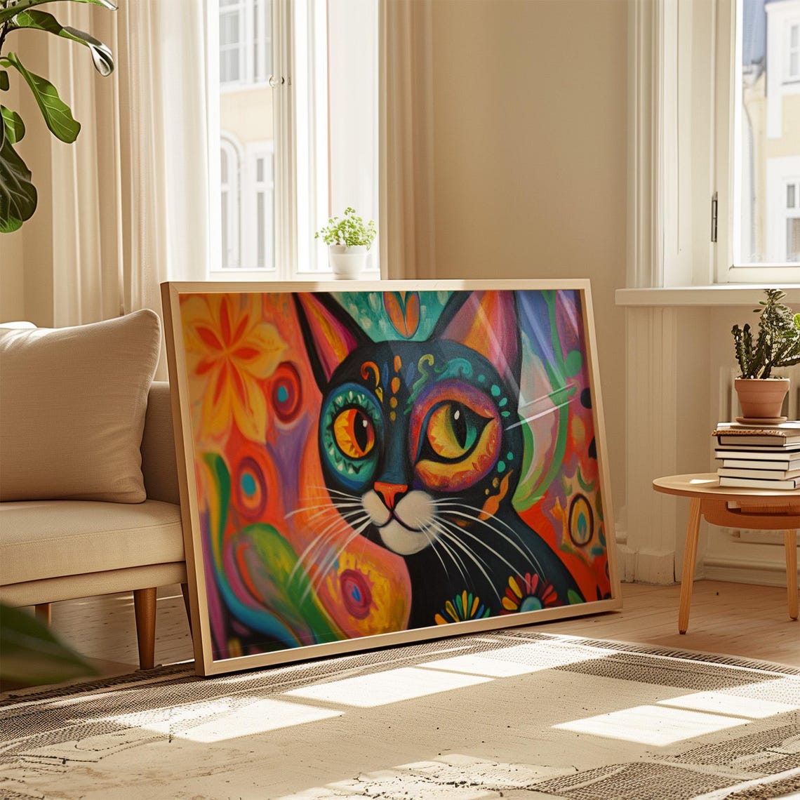 Black Cat Folk Art Big Green Eyes White Muzzle Abstract Pattern Poster - Image 4