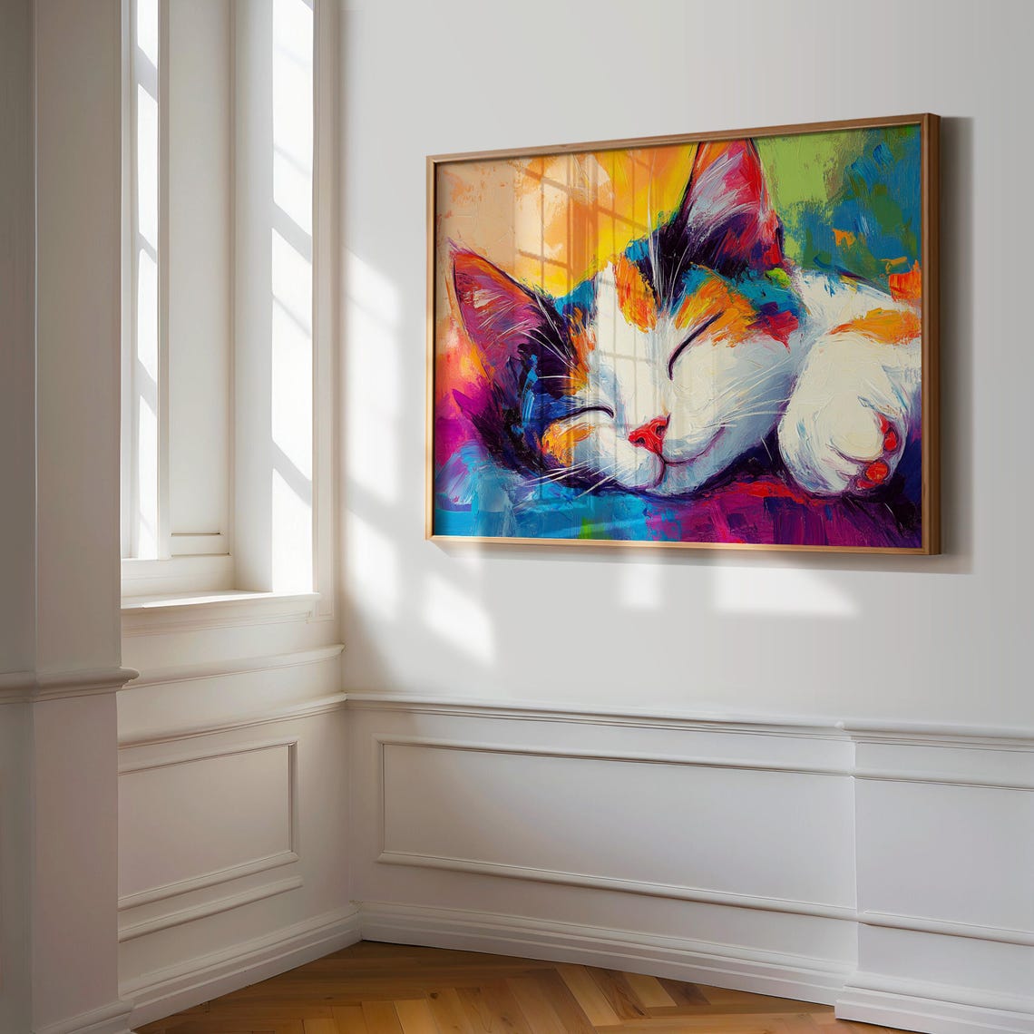Sleeping Calico Kitten Curled Up Rainbow Brushstrokes Dreamy Poster - Image 3