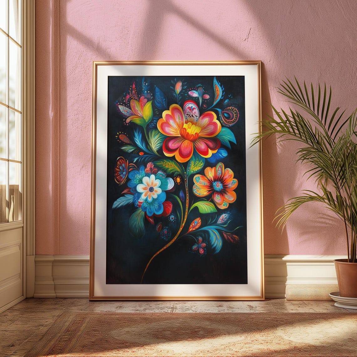 Neon Glow Blossoms Red Orange Teal Black Night Floral Poster - Image 2