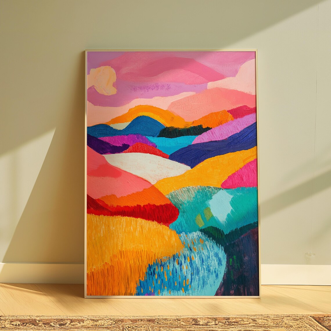 Abstract Colorful Rolling Hills Lake Sunset Landscape Art Print