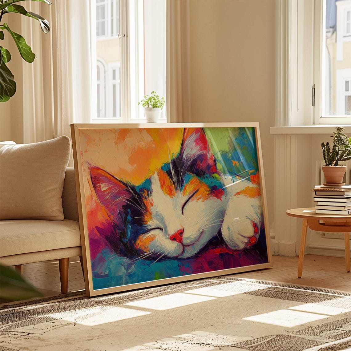 Sleeping Calico Kitten Curled Up Rainbow Brushstrokes Dreamy Poster - Image 4