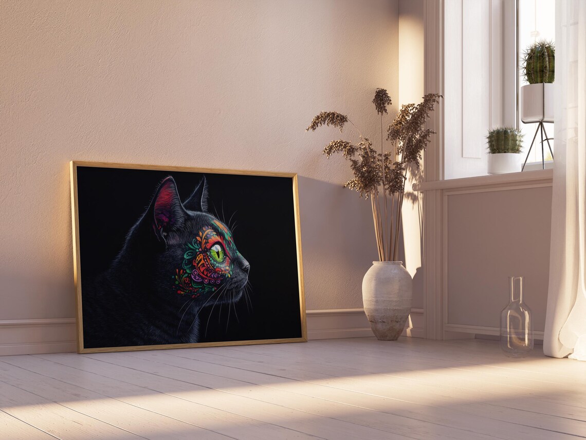Black Cat Profile Green Eye Alebrije Patterns Mexican Folk Art Wall Poster - Image 2