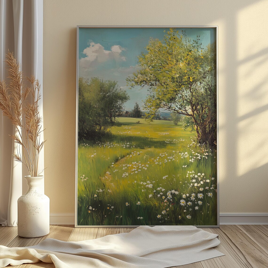 Sunny Green Meadow White Daisies Golden Path Impressionist Light Poster - Image 2