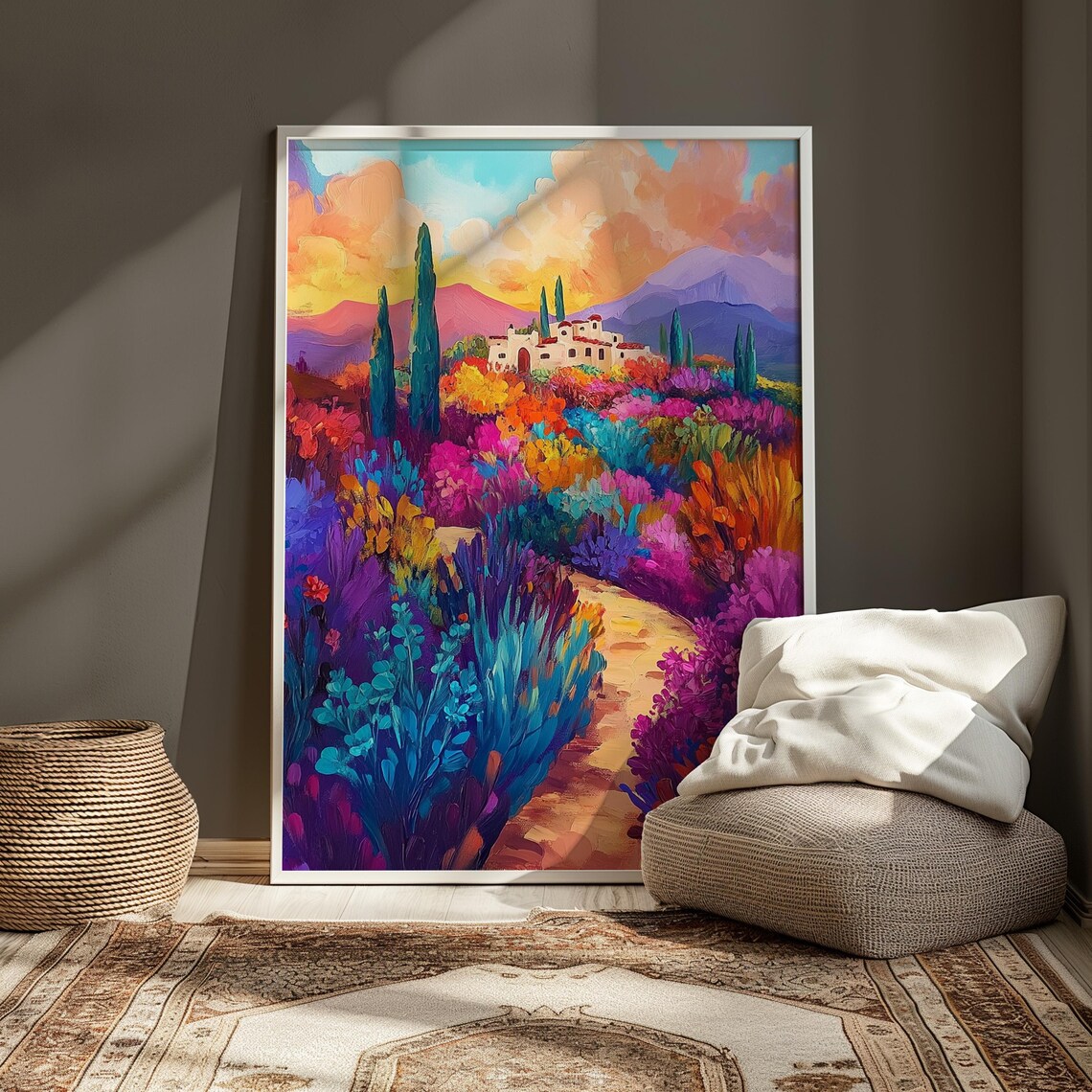 Hilltop Hacienda Red Roofs Flower Path Cypress Trees Sunset Hills Landscape Poster - Image 3