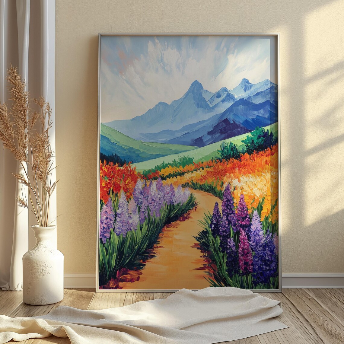 Winding Path Purple Lupines Orange Blooms Green Hills Blue Mountains Landscape Poster - Image 4