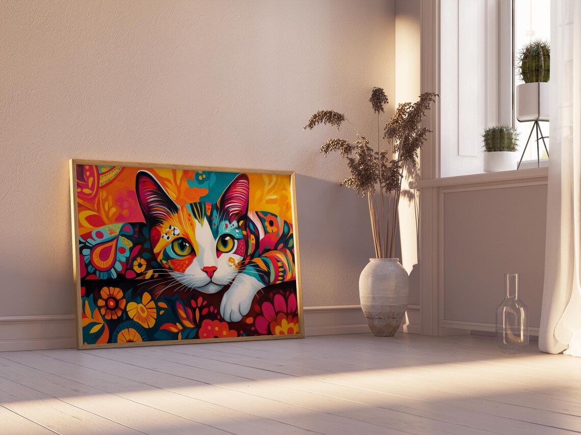 Calico Cat Reaching Paw Forward Dark Floral Orange Background Poster - Image 2