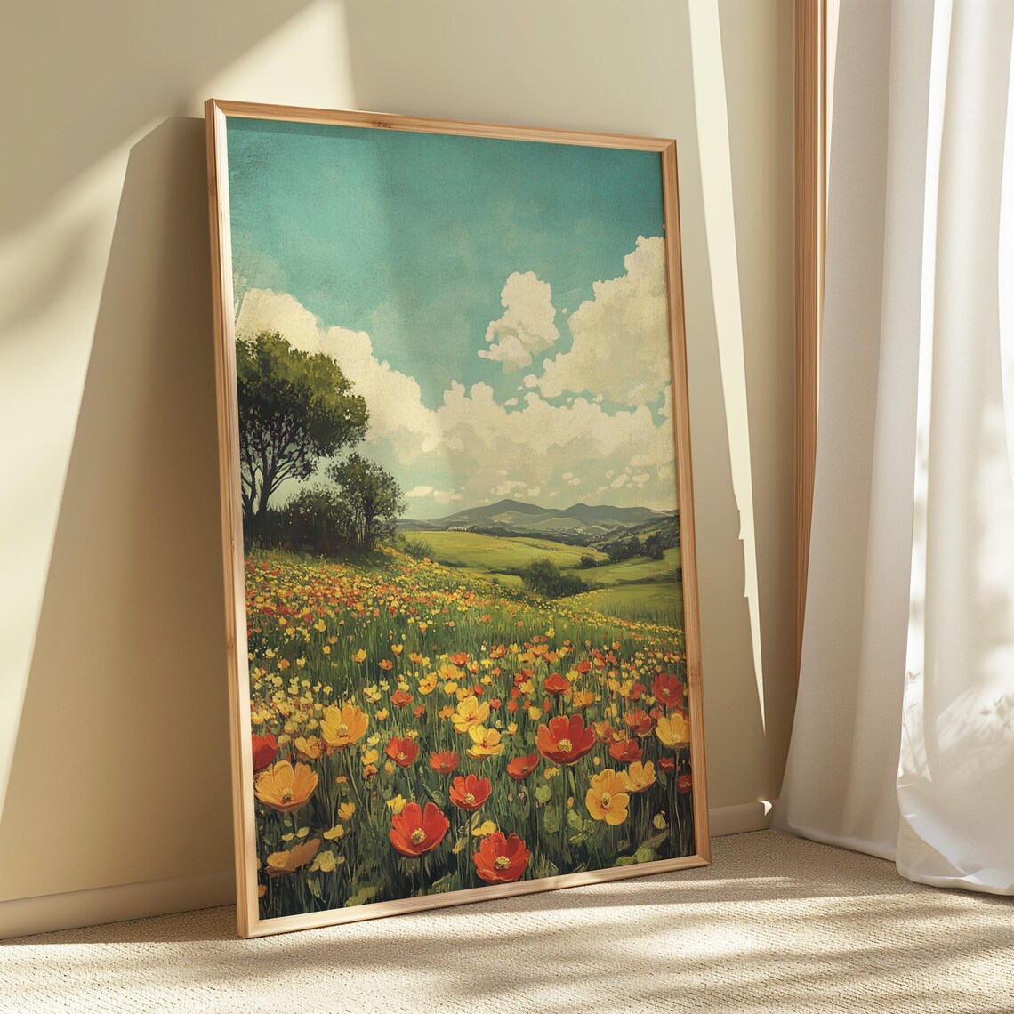 Sunlit Wildflower Meadow Big Oak Tree Vintage Teal Sky Landscape Poster - Image 4