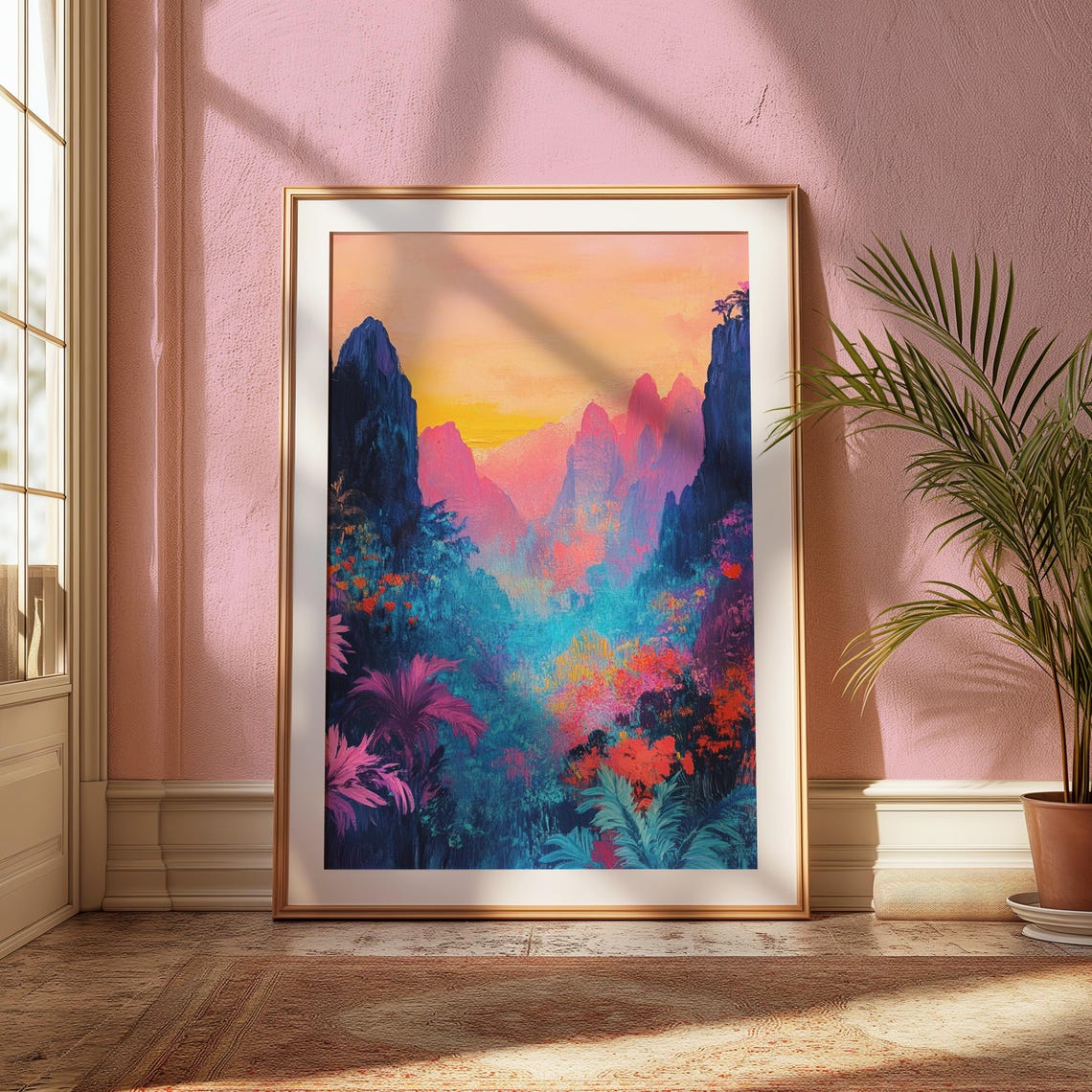 Misty Tropical Mountain Valley Pink Sunrise Jungle Landscape Print - Image 2