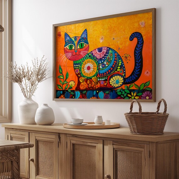 Folk Art Seated Cat Floral Medallion Patterns Golden Orange Poster
