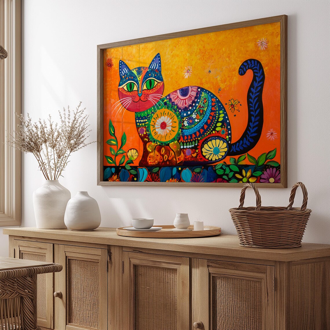 Folk Art Seated Cat Floral Medallion Patterns Golden Orange Poster