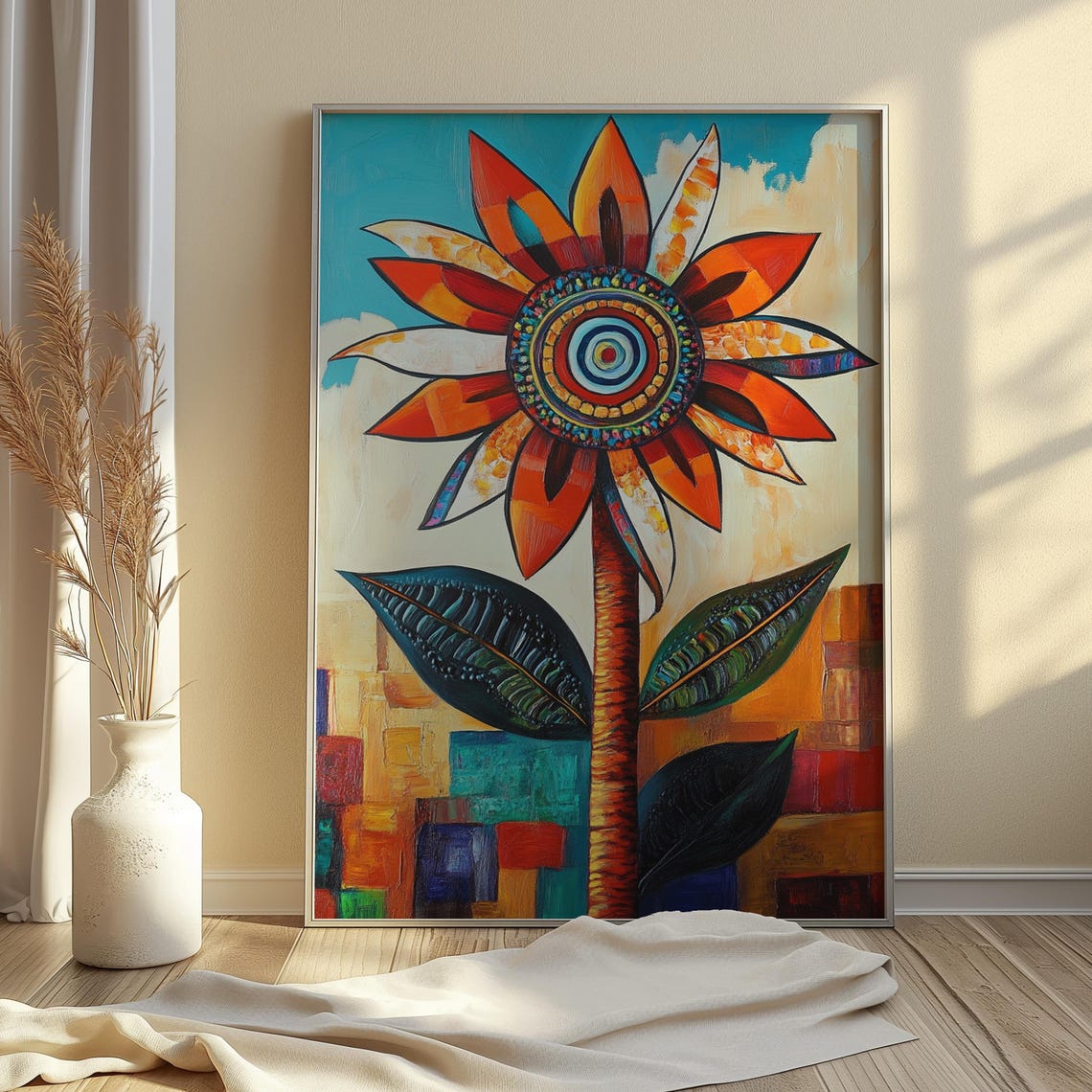 Folk Sunflower Concentric Center Patchwork Sky Floral Art Poster - Image 4