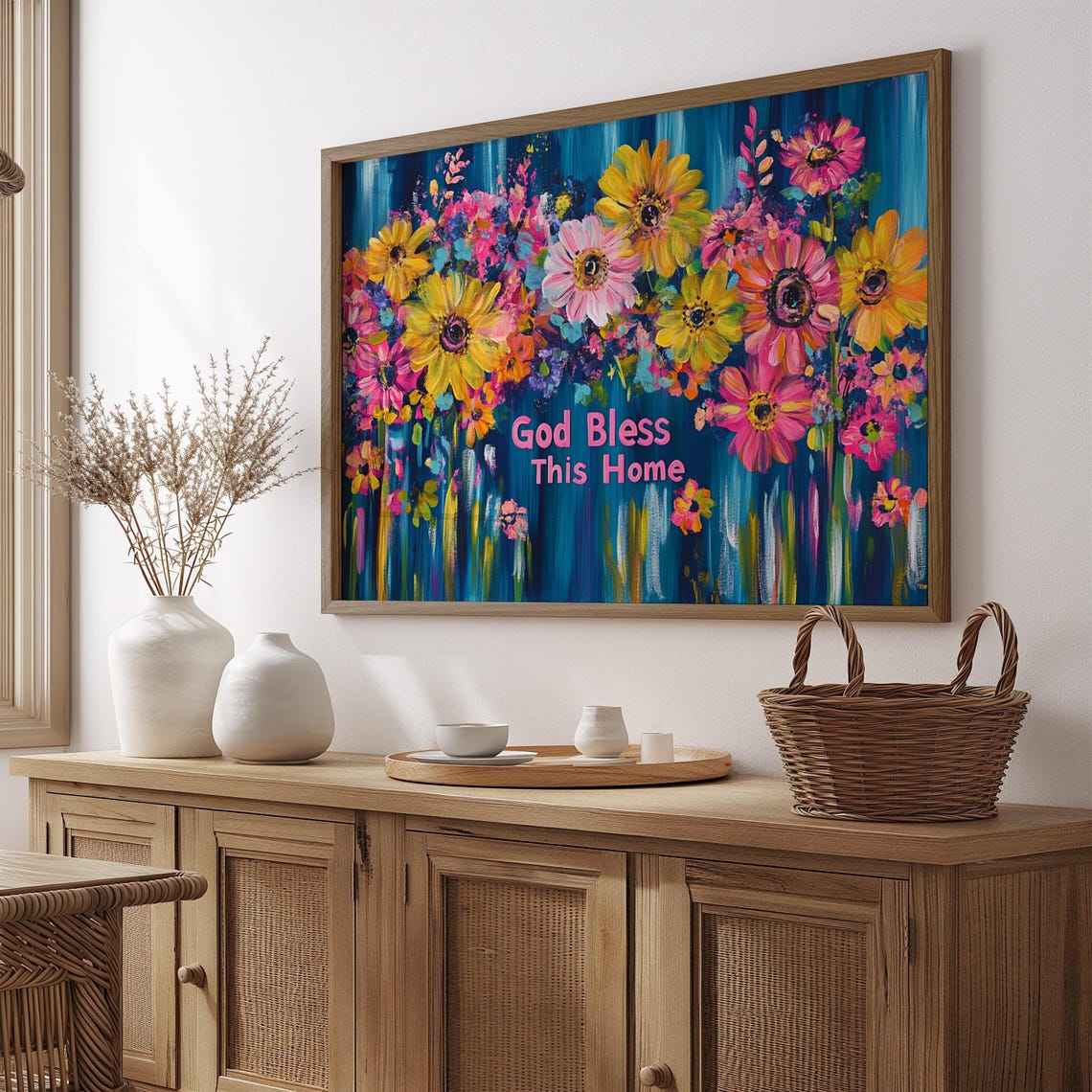 God Bless This Home Yellow Daisy Blue Drip Paint Floral Poster