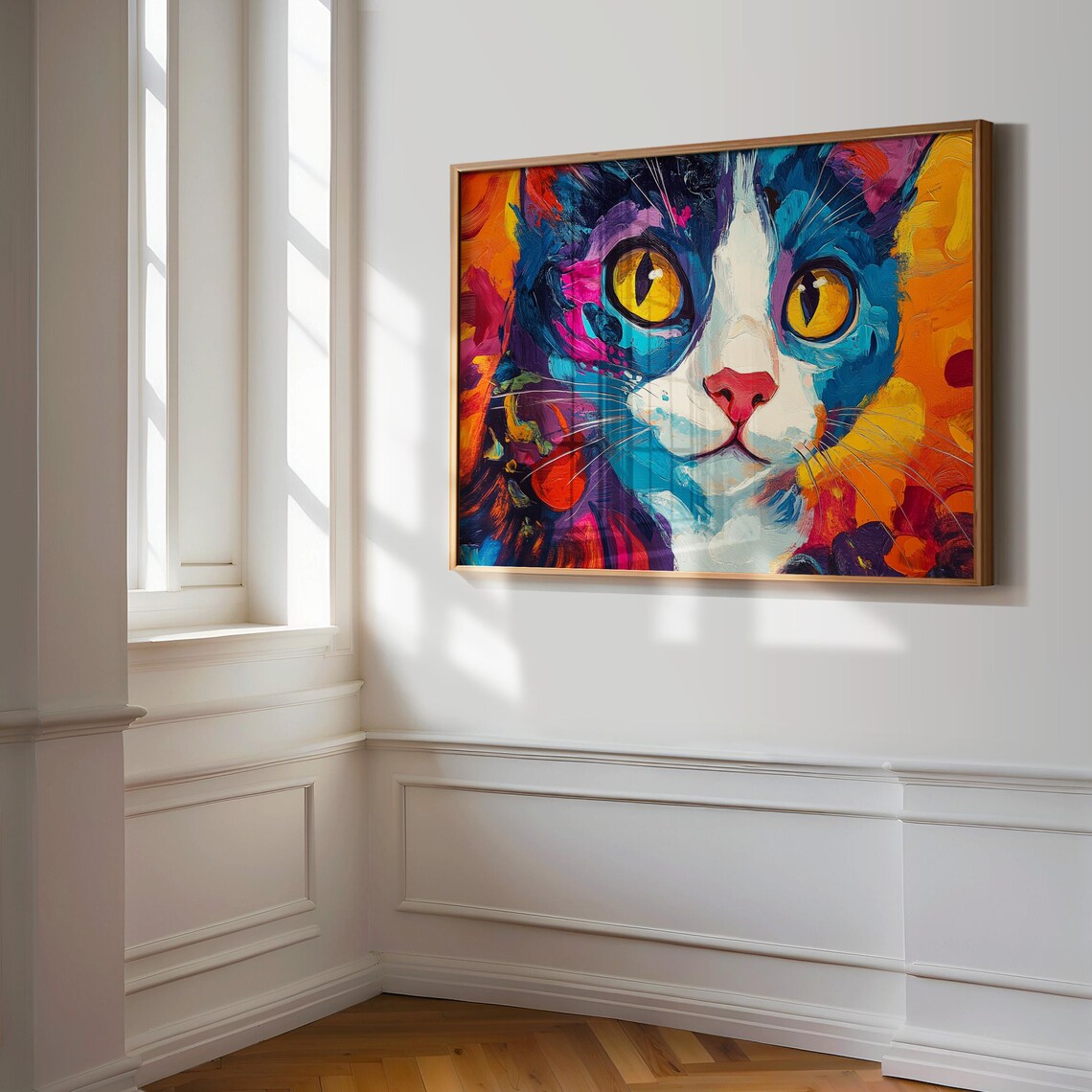 Tuxedo Cat Close Up Golden Eyes Bold Impasto Colorful Feline Art Poster - Image 3