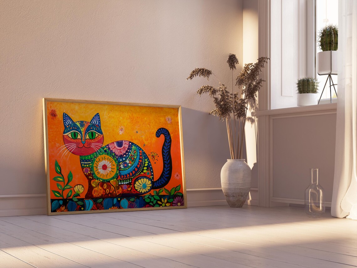 Folk Art Seated Cat Floral Medallion Patterns Golden Orange Poster - Image 2