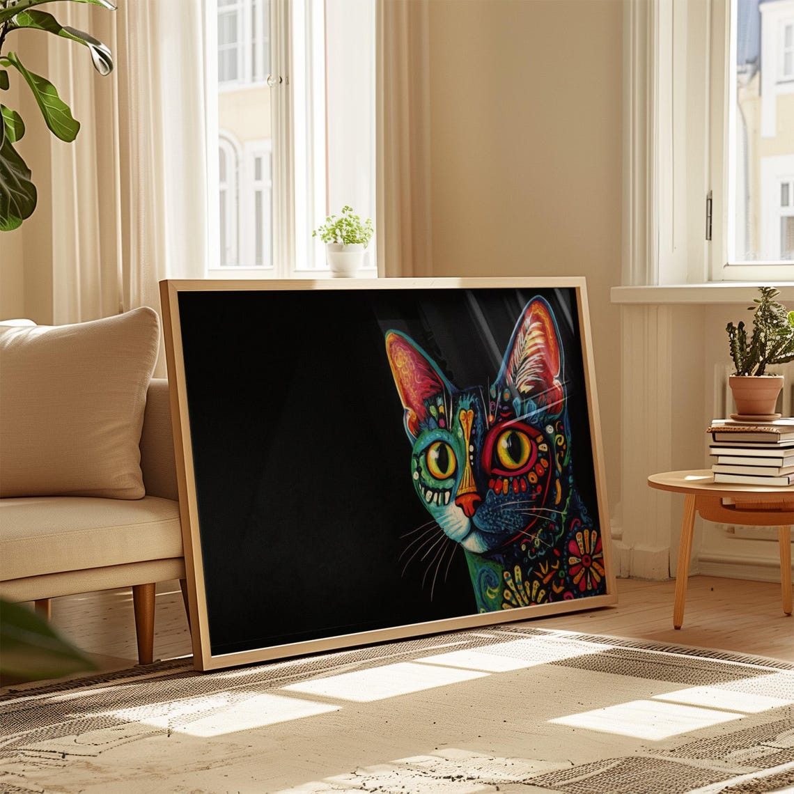 Side Profile Black Cat Floral Pattern Mismatched Yellow Eyes Wall Art - Image 4