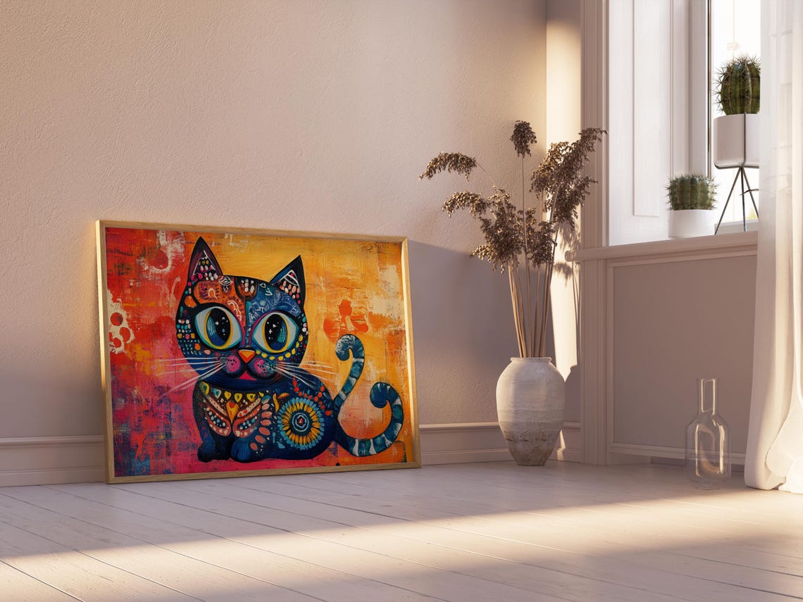 Sitting Blue Cat With Curly Tail Mandala Patterns Warm Poster - Image 2