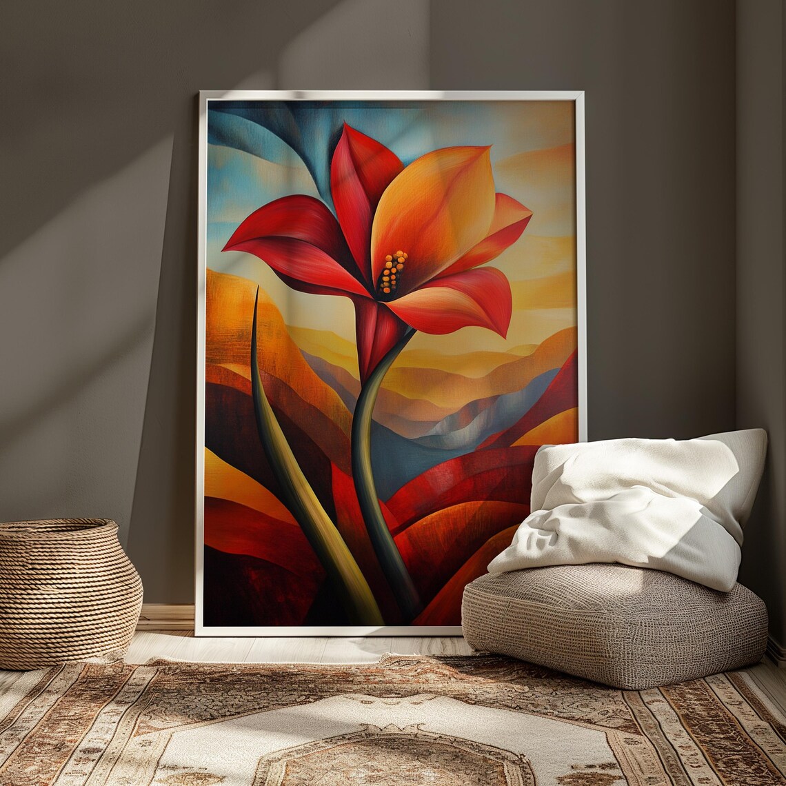 Red Amaryllis Wavy Sunset Landscape Modernist Floral Art Poster - Image 3