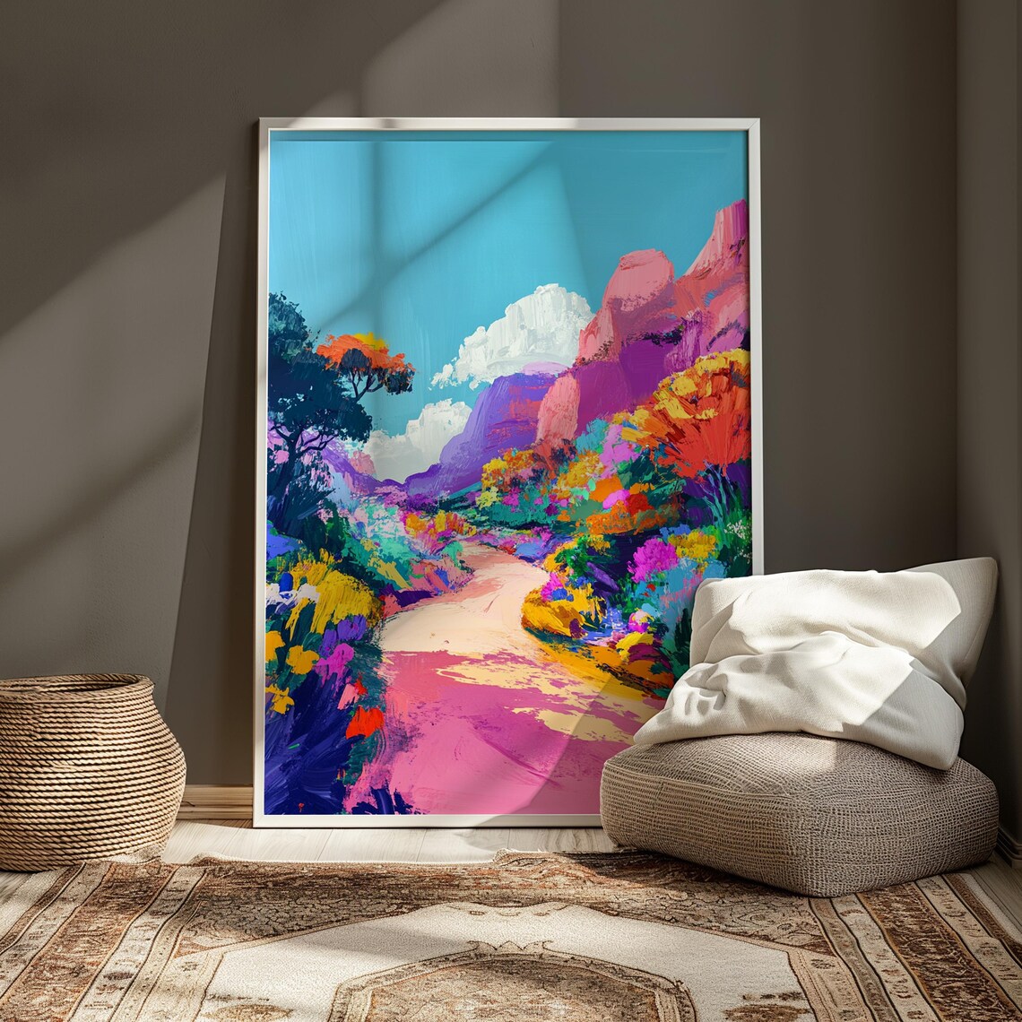 Colorful Canyon Path Pink Cliffs Bright Blooms Turquoise Sky Scenic Landscape Poster - Image 4