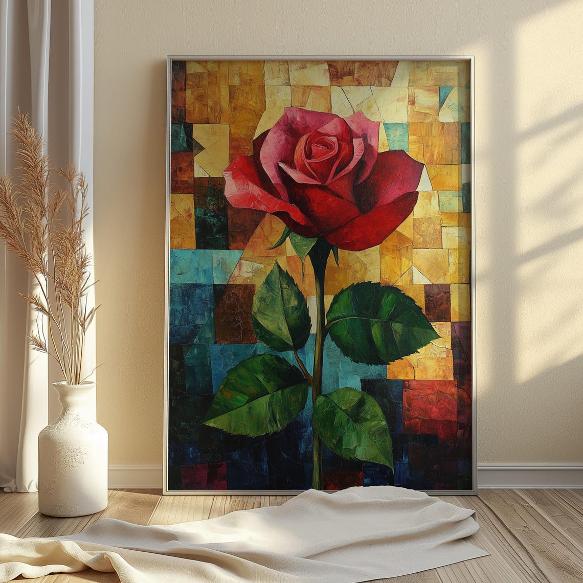 Red Rose Mosaic Tile Turquoise Gold Background Modern Floral Poster - Image 4