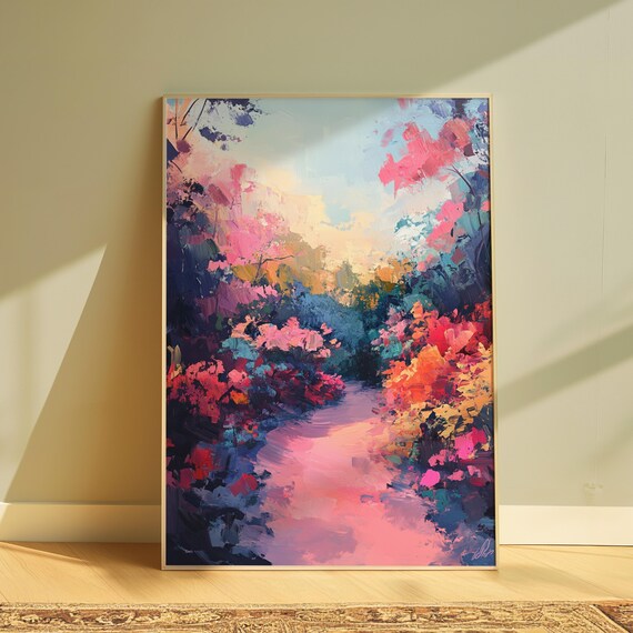 Dreamy Pink Blossom Garden Path Watercolor Impressionist Wall Art Poster