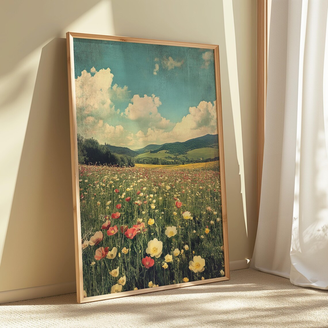 Wildflower Meadow Red Yellow Poppies Forested Hills Teal Sky Art Poster - Image 4