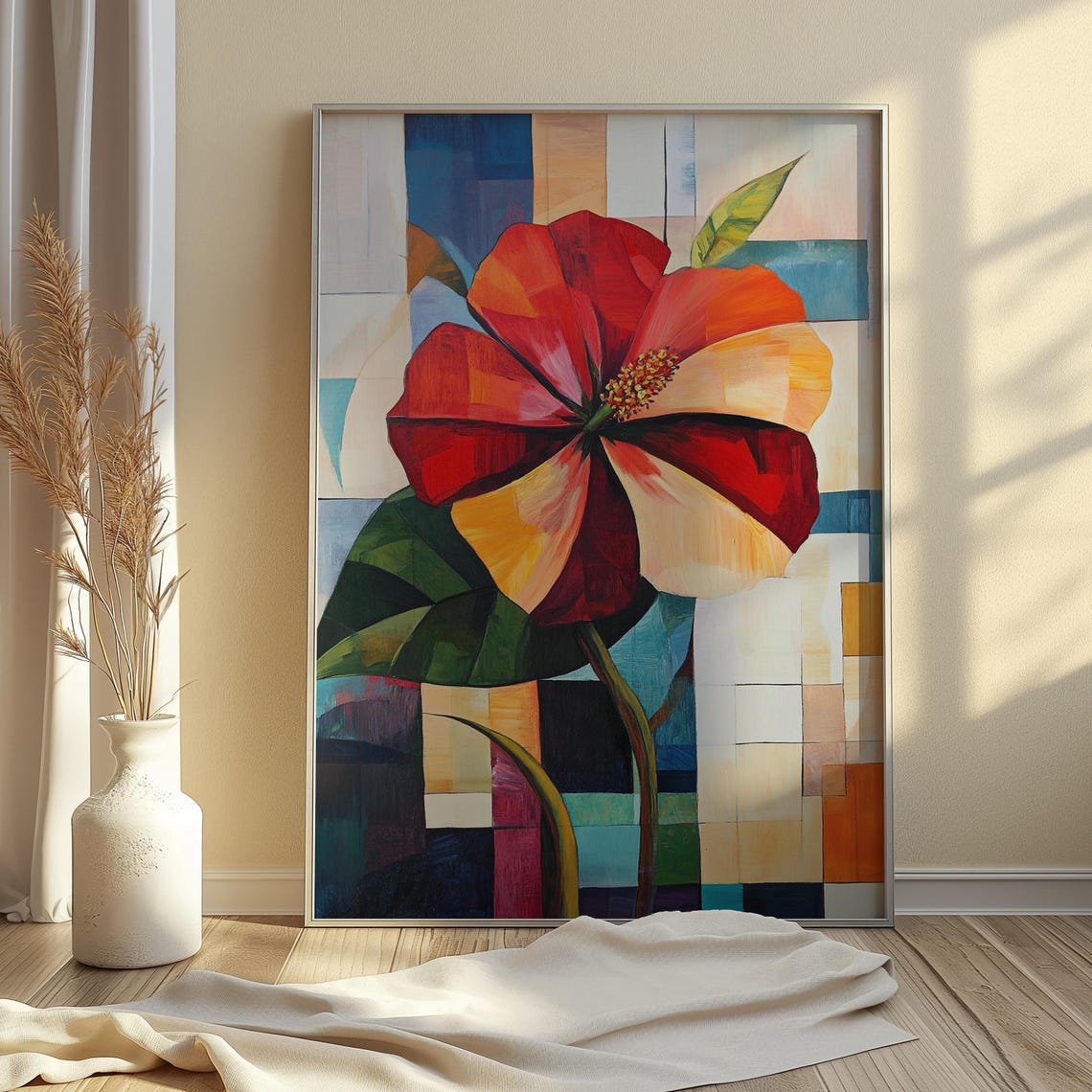 Hibiscus Bloom Patchwork Mosaic Light Background Floral Art Poster - Image 4