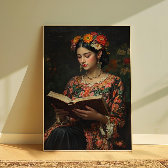 Woman Reading Book Floral Dress Flower Crown Dark Romantic Oil Poster
