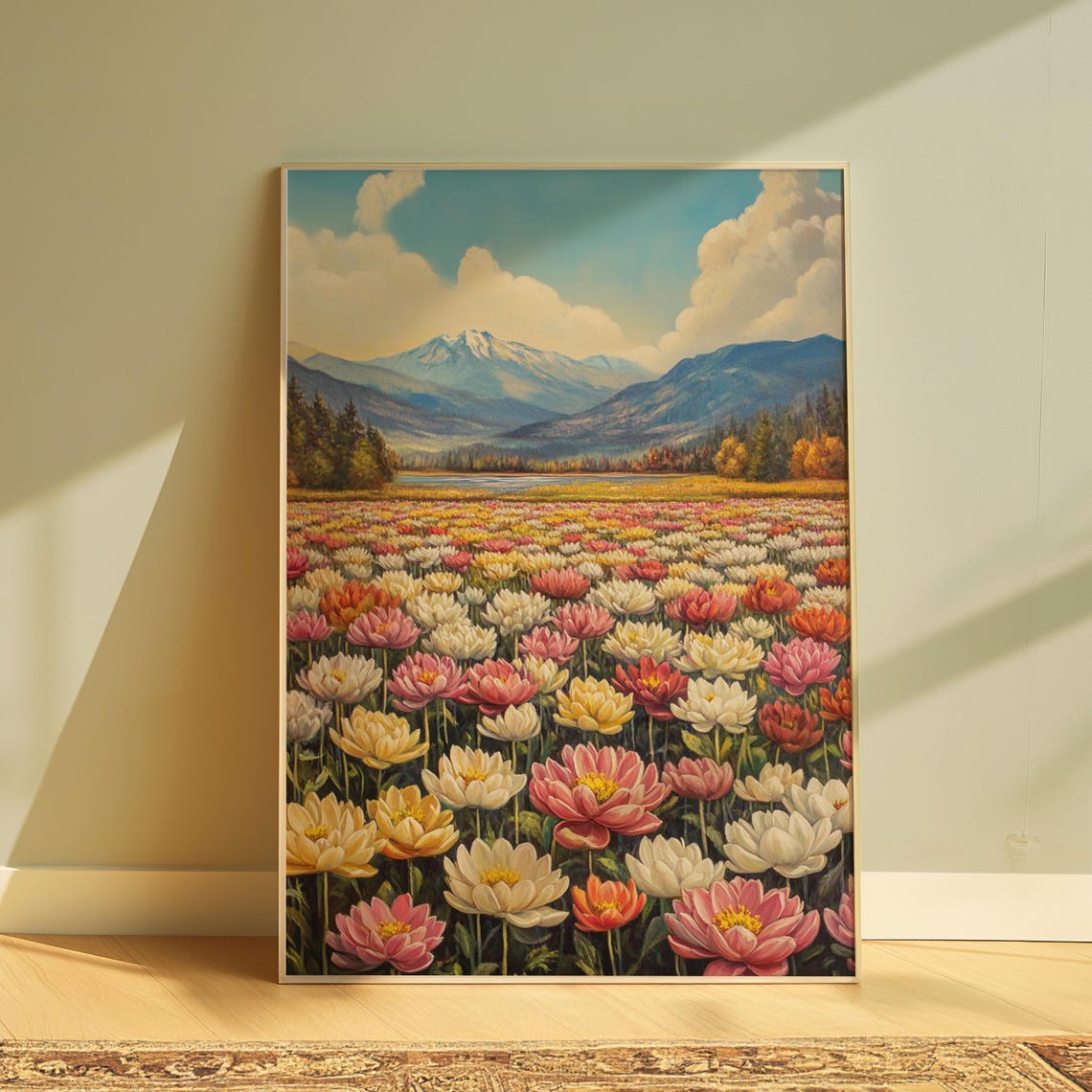 Pink Blossom Field Snow Capped Mountain Dramatic Cloudscape Art Poster